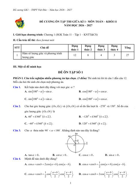 Đề cương giữa học kì 1 Toán 11 năm 2026 – 2027 trường THPT Việt Đức – Hà Nội